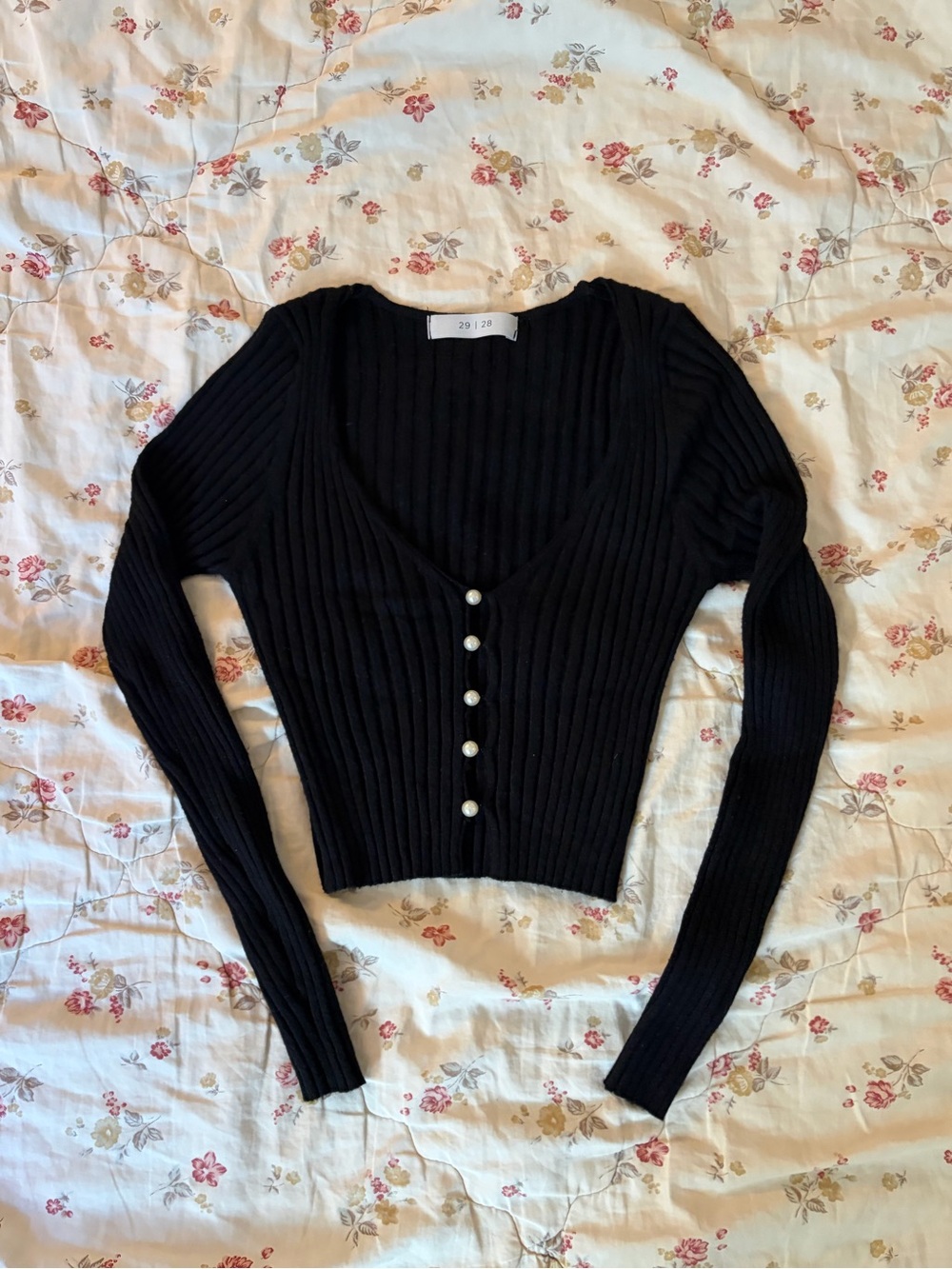 Black Ribbed V-Neck Button Front Sweater